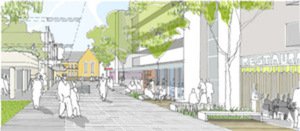 An artist’s impression of a new-look Short Street plaza opening up the view down towards St Mary’s Catholic Church on Raglan street